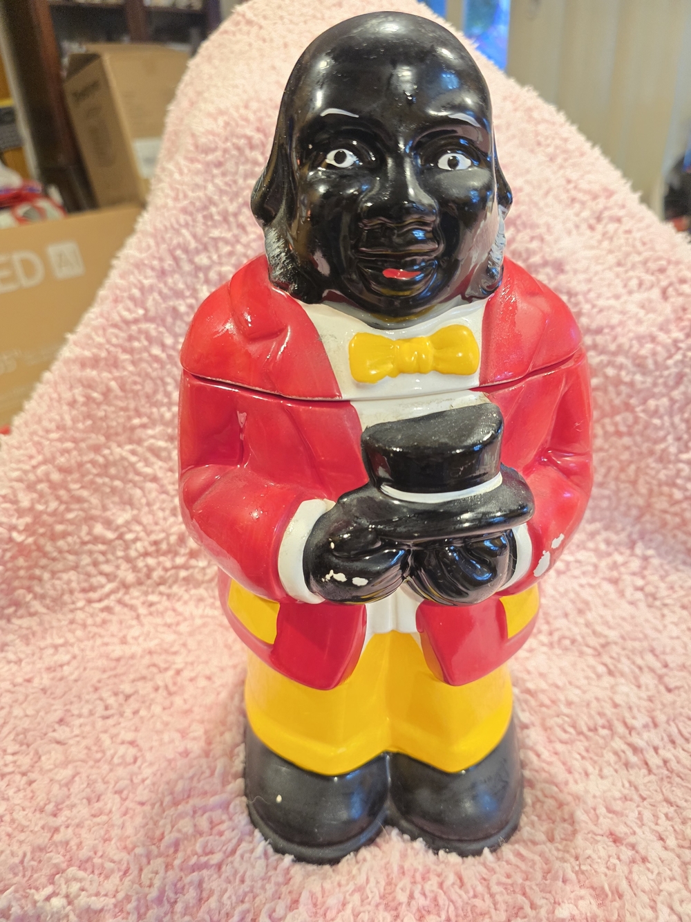 Vintage Black Ceramic Figurine Cookie Jar in Red, Yellow & Black